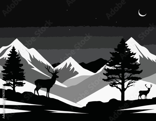 Silhouette of Deer mountains black and white vector