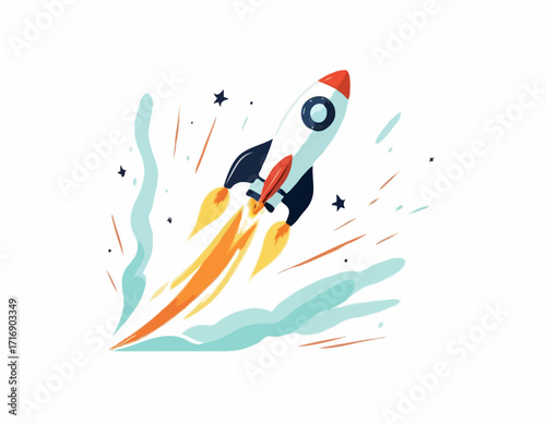 A cartoon rocket ship blasting off into space on a white background