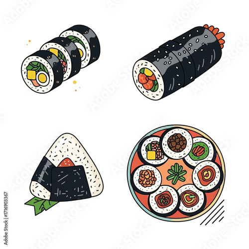 Diverse Korean and Japanese Rolled Rice and Seaweed Dishes