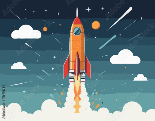 A cartoon rocket ship blasting off into space on a white background