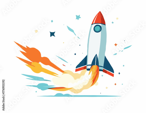 A cartoon rocket ship blasting off into space on a white background