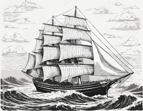 Vintage sailboat. Clipper ship black and white sketch. Pirate ship sailboats in sea waves, sailing ship in retro hand drawn engraving style
