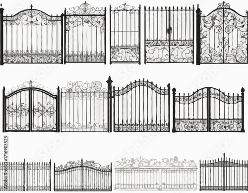 Decorative fence set silhouette vector Iron gates and fences set silhouette