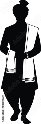 Traditional Indian Man Silhouette Vector – Kurta and Angavastram Illustration