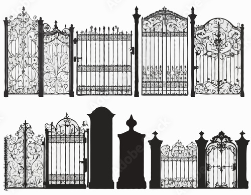 Decorative fence set silhouette vector Iron gates and fences set silhouette