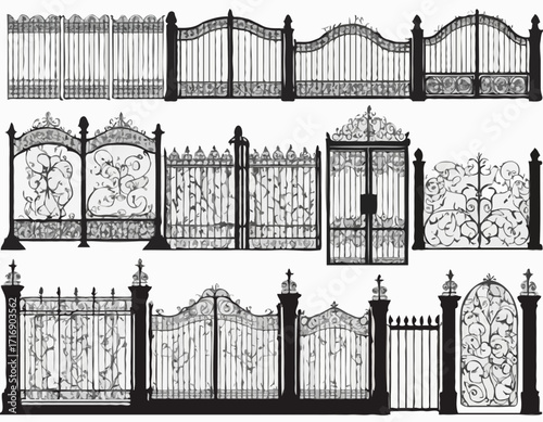 Decorative fence set silhouette vector Iron gates and fences set silhouette