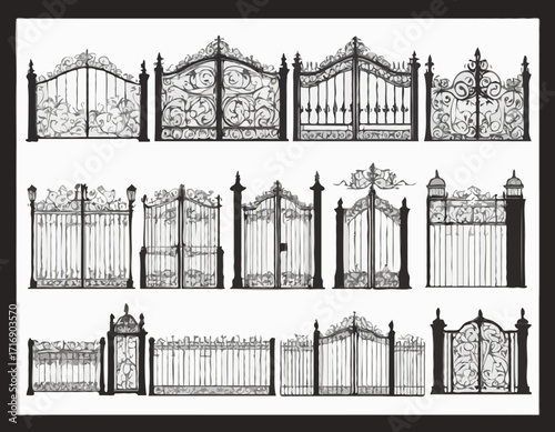 Decorative fence set silhouette vector Iron gates and fences set silhouette