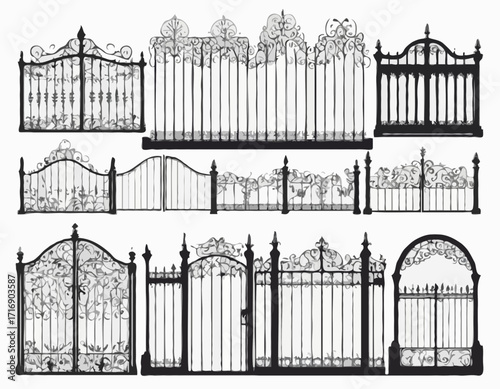 Decorative fence set silhouette vector Iron gates and fences set silhouette