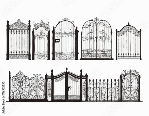 Decorative fence set silhouette vector Iron gates and fences set silhouette
