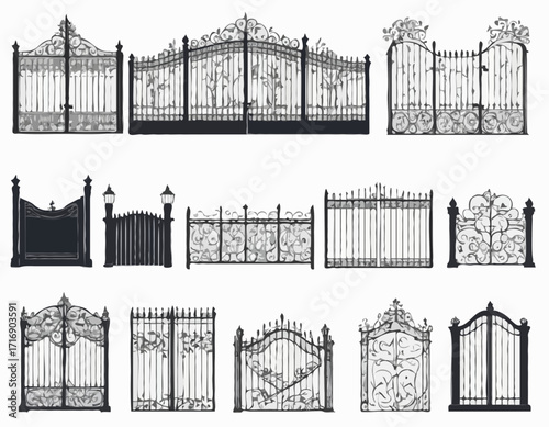 Decorative fence set silhouette vector Iron gates and fences set silhouette