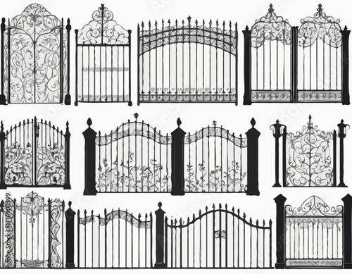 Decorative fence set silhouette vector Iron gates and fences set silhouette