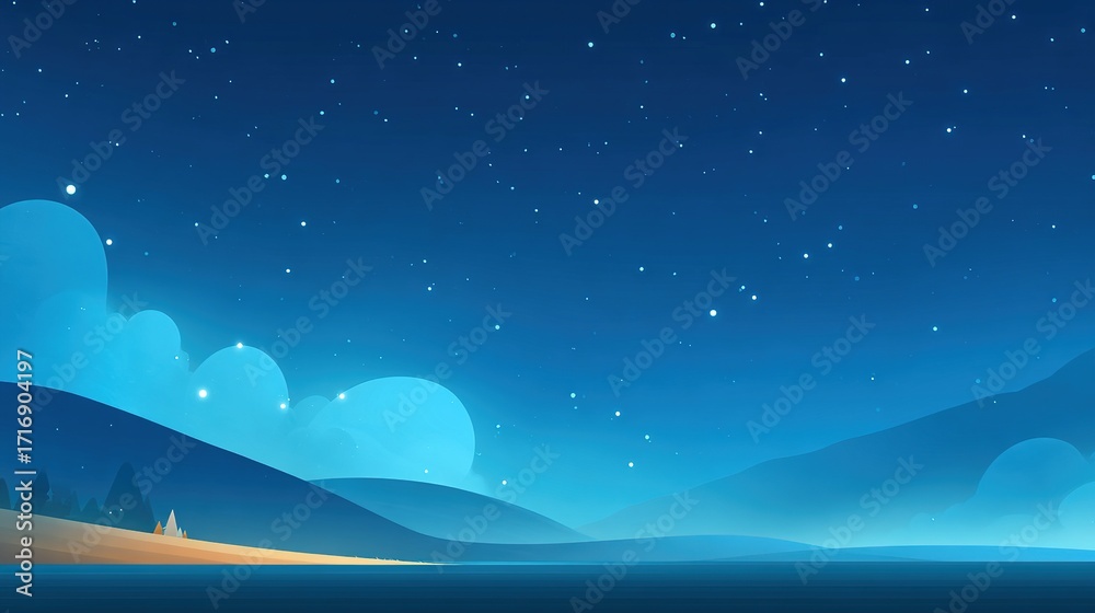Naklejka premium Starry Night Mountain Landscape with Reflective Lake, Celestial Camping Scene with Tent and Trees, Serene Blue Tone Composition for Travel and Astronomy Themes