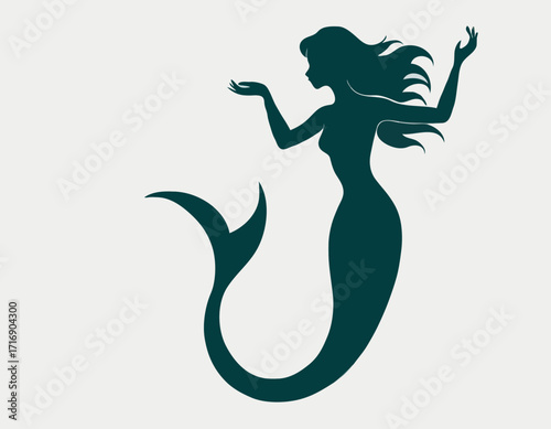 Isolated Silhouette of a Mermaid Against a White Background, Elegant and Dreamy Design