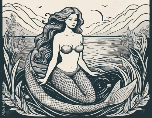 Vintage Woodcut Engraving of a Mermaid, Artistic Representation, Detailed Vector Illustration