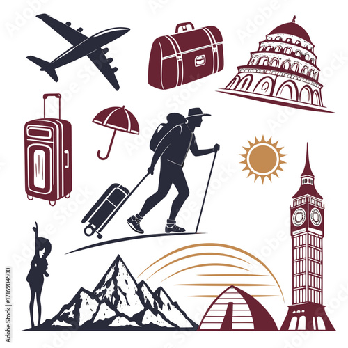 “Travel silhouette vector collection: airplanes, luggage, passport, tourist, monuments, hiking, camping, world landmarks, tourism icons for holiday branding, posters, maps, and exploration design them