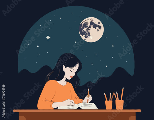 Young Girl Author Inspired by the Moonlight, Dreamy Atmosphere, Artistic Illustration