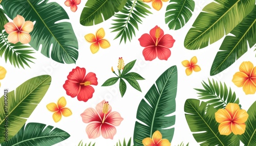Vibrant seamless pattern of exotic tropical flowers and lush green jungle leaves on a clean white background