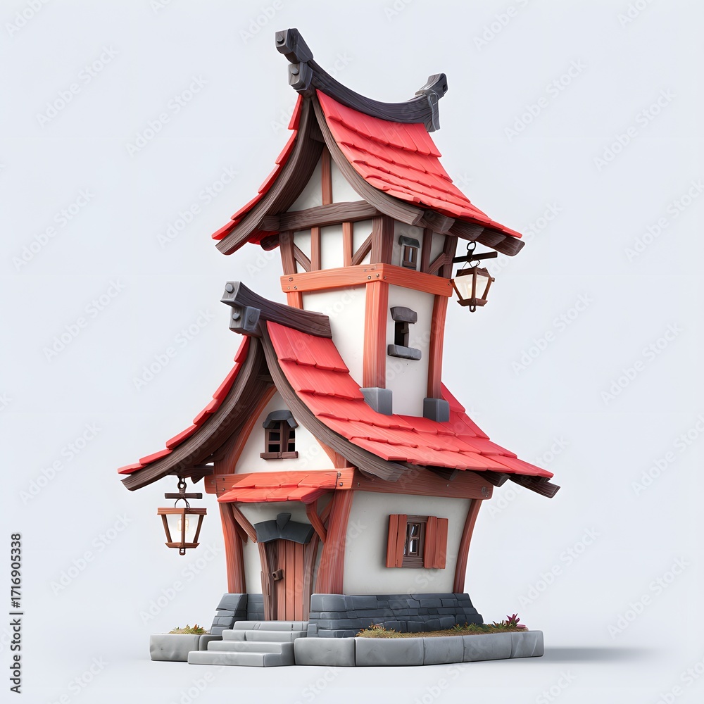 Obraz premium Stylized fantasy house with red roofs white walls timber framing stone base door windows two lanterns