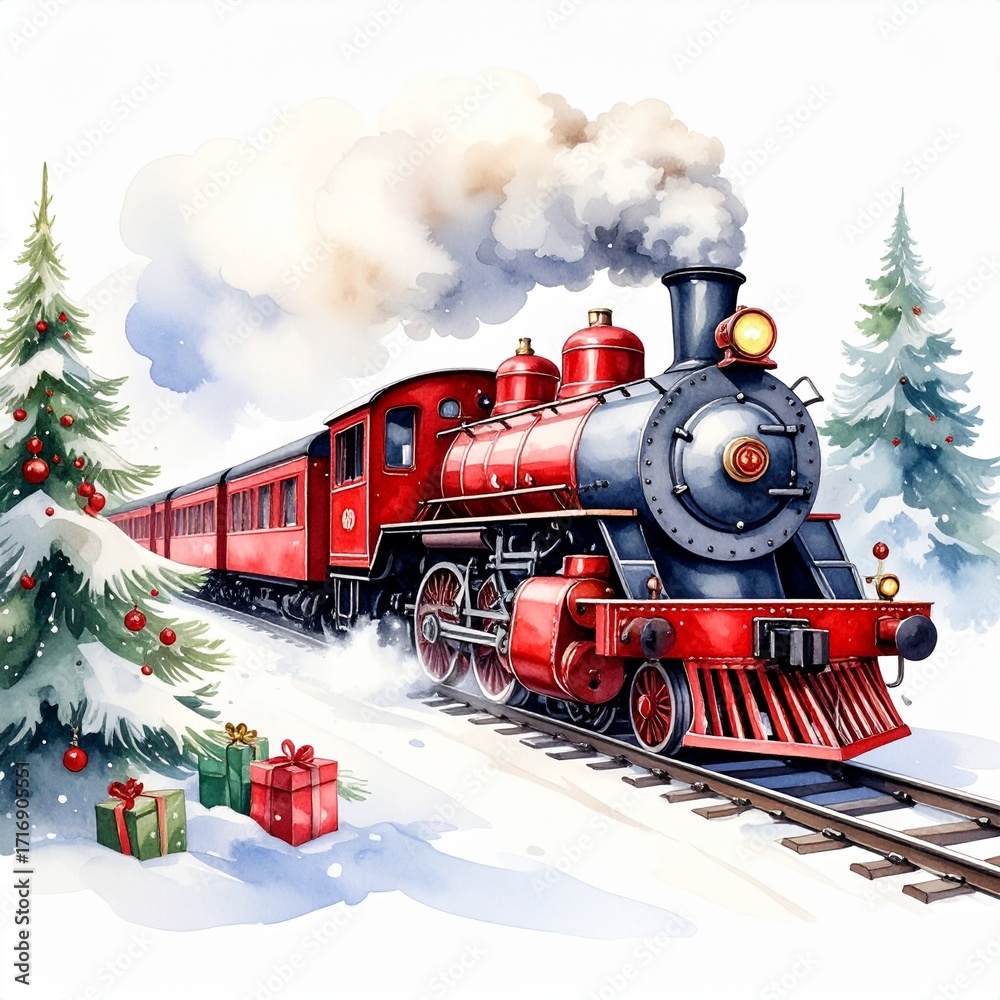 Obraz premium Watercolour vintage Red steam train in snow Christmas Illustration xmas trees sketch background, wallpaper