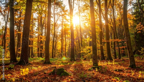 Autumn forest bathed in golden sunlight