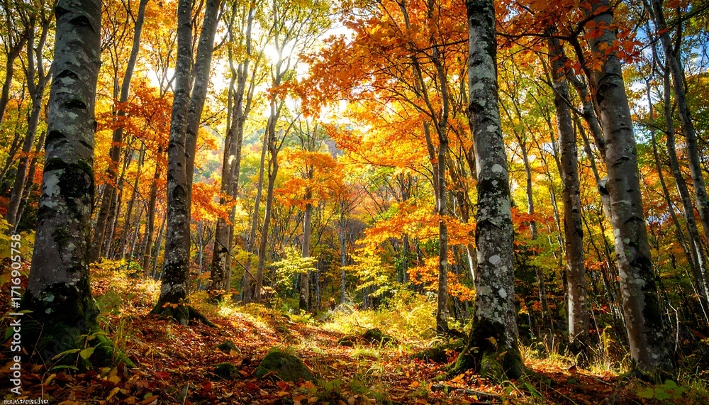 Fototapeta premium Autumn forest bathed in sunlight (1)