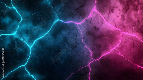 Striking vibrant neon light streaks illuminate deep cracked stone surface, creating a captivating abstract design.