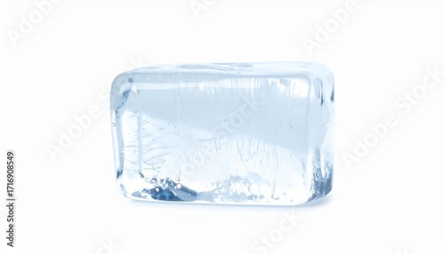 Single Clear Ice Cube on White Background