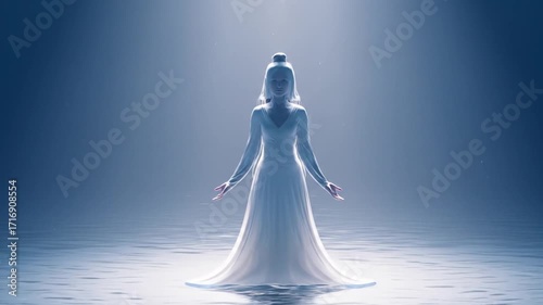 A figure in a white gown stands illuminated by a spotlight in a dark, dramatic setting.
