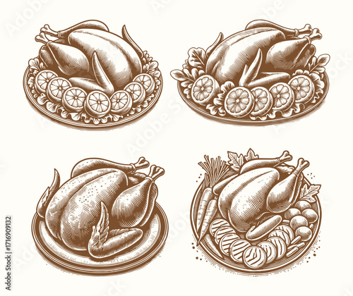 Thanksgiving Turkey On Plate Vector set