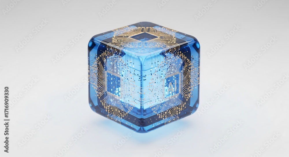 Obraz premium Futuristic Blue Crystal Die with Embedded Circuitry, Representing Gaming and Technology Concepts