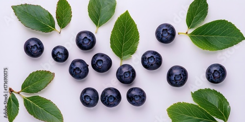 Top view of blueberries with leaves on white background.