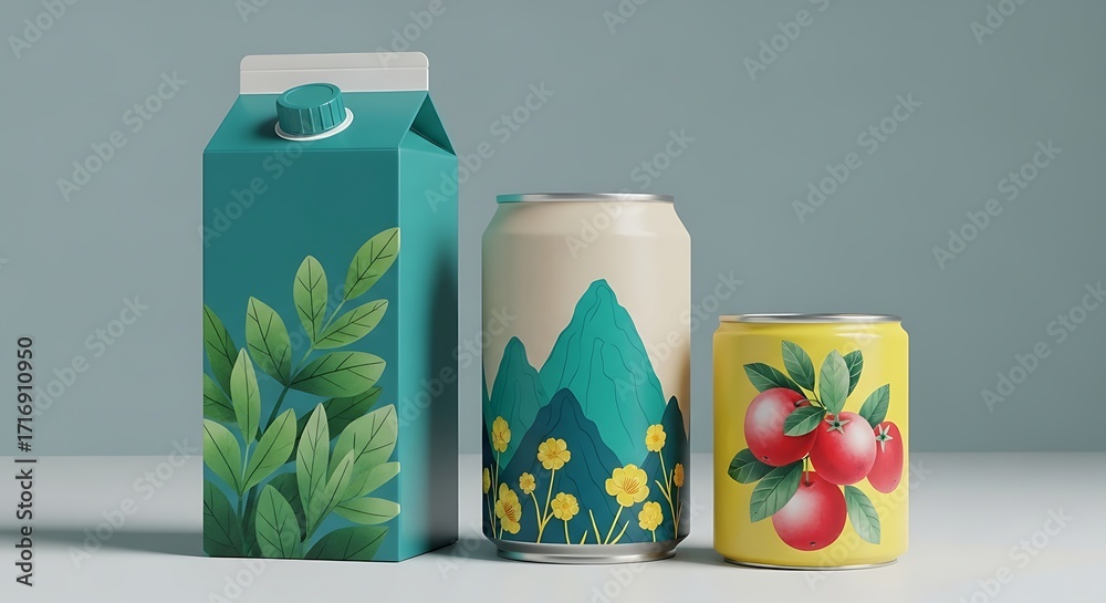 Obraz premium Eco Friendly Beverage Packaging Juice Carton and Cans with Botanical Illustrations