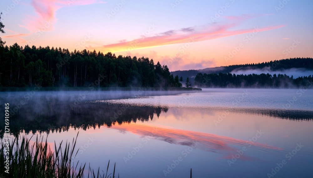 Fototapeta premium Misty Sunrise Over Calm Lake with Tree Reflections