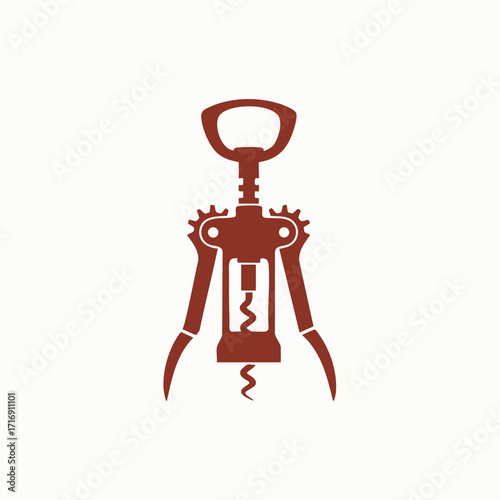 Minimalist brown silhouette of a winged corkscrew wine opener isolated on a plain white background