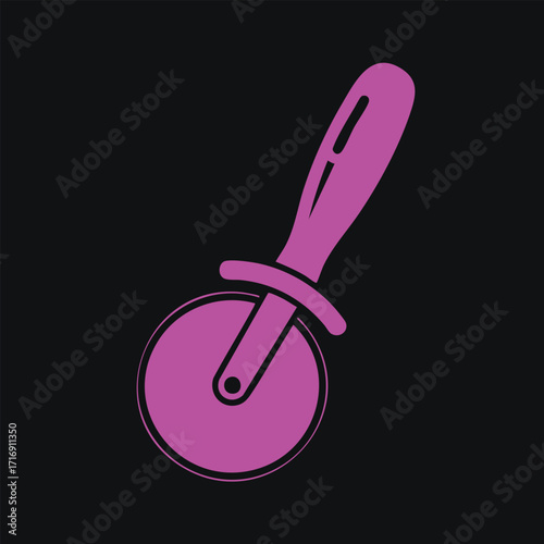 Purple pizza cutter icon with a circular blade and ergonomic handle on a solid black background