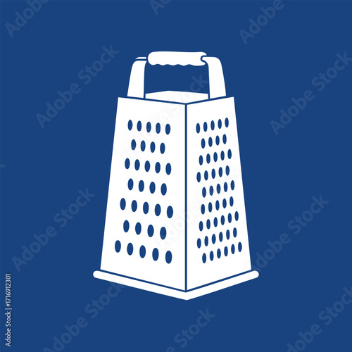 White kitchen box grater icon with handle on blue background representing cooking and food preparation tools
