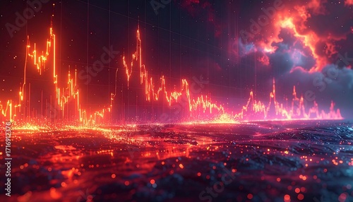 A vibrant display of a dramatic financial market trend, illustrated with glowing, orange-red candlestick charts against a dark, fiery background, revealing volatile fluctuations.