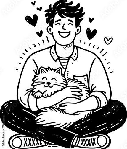 Hand drawn style flat vector design illustration of a happy man with cat on his lap