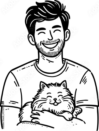 Hand drawn style flat vector design illustration of a happy man with cat on his lap