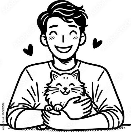 Hand drawn style flat vector design illustration of a happy man with cat on his lap