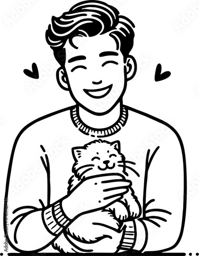 Hand drawn style flat vector design illustration of a happy man with cat on his lap