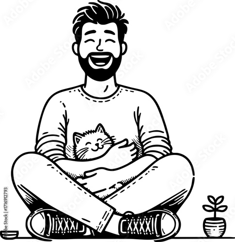Hand drawn style flat vector design illustration of a happy man with cat on his lap