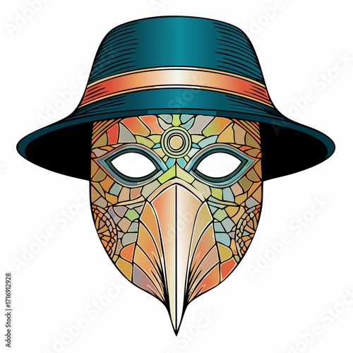 plague doctor mask stained-glass mosaic with micro-crack emboss and creeping grain