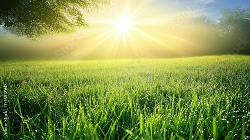 Serene Sunrise Over Dewy Grass Field in Soft Morning Light