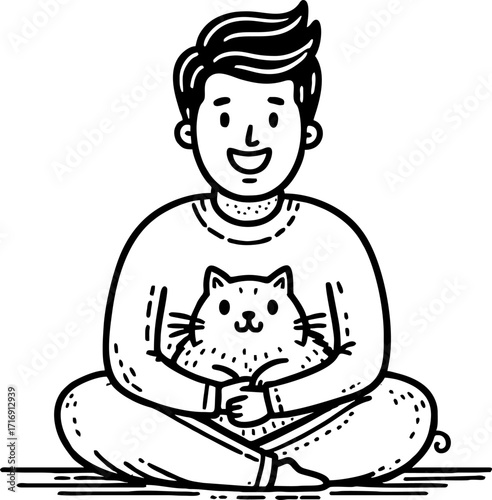 Hand drawn style flat vector design illustration of a happy man with cat on his lap