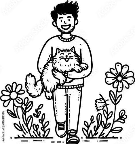 Hand drawn style flat vector design illustration of a happy man with cat on his lap