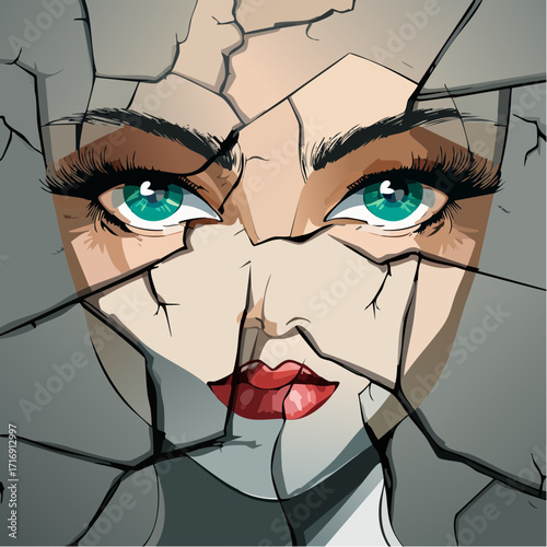 possessed doll stained-glass mosaic with glowing eyes and shadow cracks