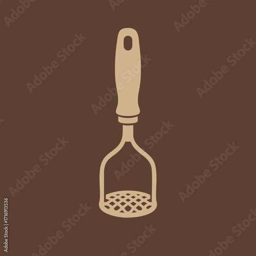 Simple flat design illustration of a kitchen potato masher with ergonomic handle on a brown background
