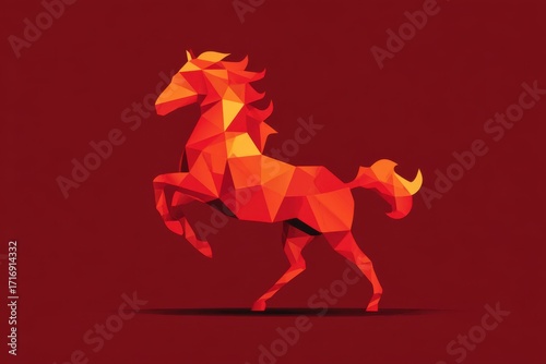 This stock image features a stylized red fire horse symbol created using triangular shapes in a flat vector style.