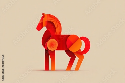 This image features a stylized red and orange paper horse symbol. The horse is crafted from paper and has a fiery color palette.
